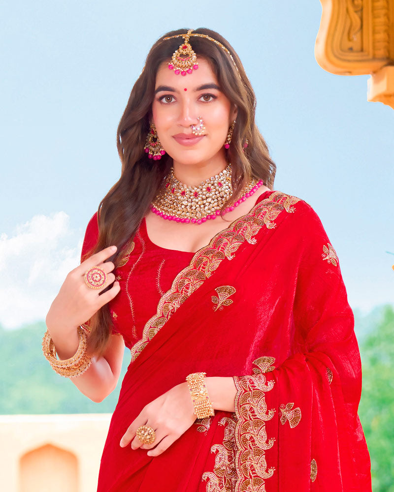 Bright Red Designer Fancy Chiffon Saree With Zari Embroidery-Diamond Work And Cut Work Border