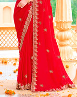 Bright Red Designer Fancy Chiffon Saree With Zari Embroidery-Diamond Work And Cut Work Border