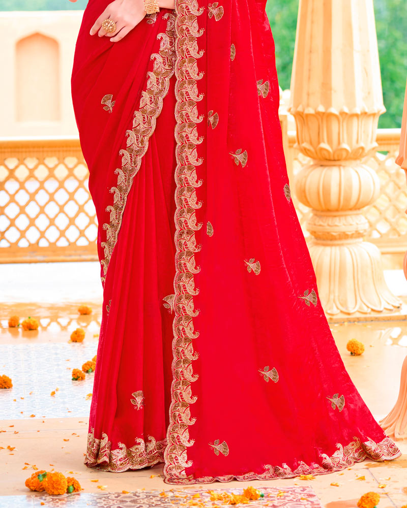 Bright Red Designer Fancy Chiffon Saree With Zari Embroidery-Diamond Work And Cut Work Border