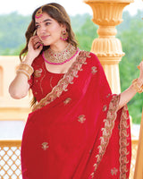 Bright Red Designer Fancy Chiffon Saree With Zari Embroidery-Diamond Work And Cut Work Border