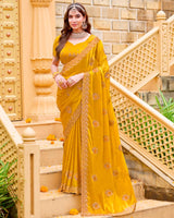Ochre Designer Fancy Chiffon Saree With Zari Embroidery-Diamond Work And Cut Work Border