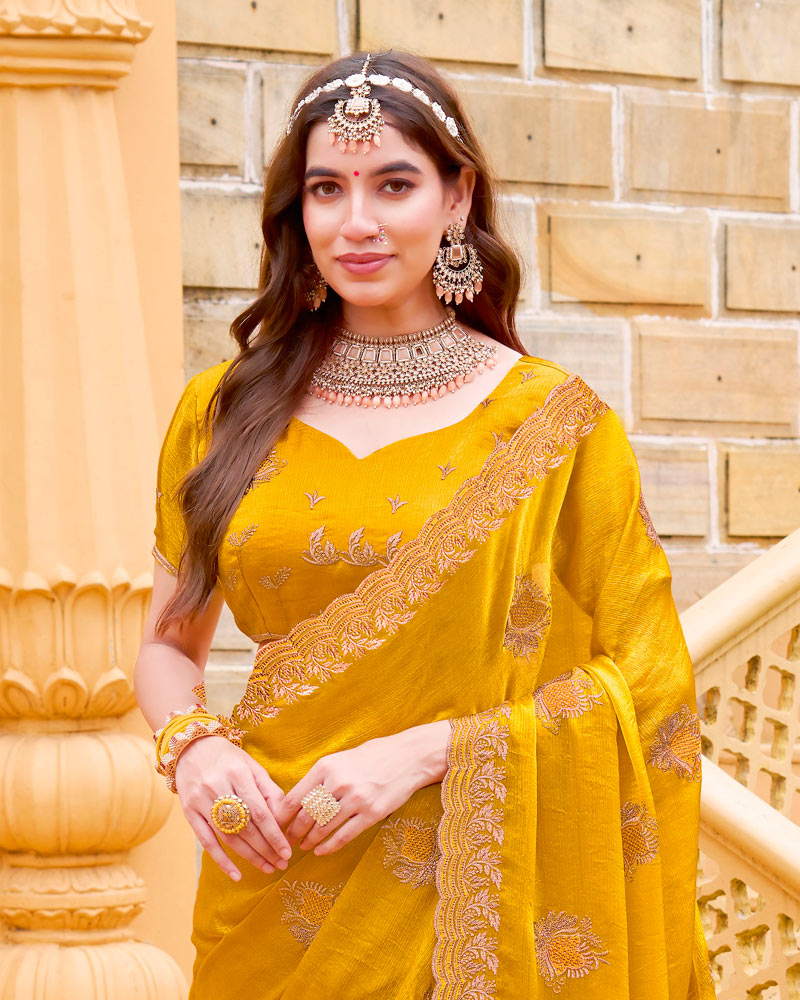 Ochre Designer Fancy Chiffon Saree With Zari Embroidery-Diamond Work And Cut Work Border