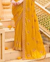 Ochre Designer Fancy Chiffon Saree With Zari Embroidery-Diamond Work And Cut Work Border