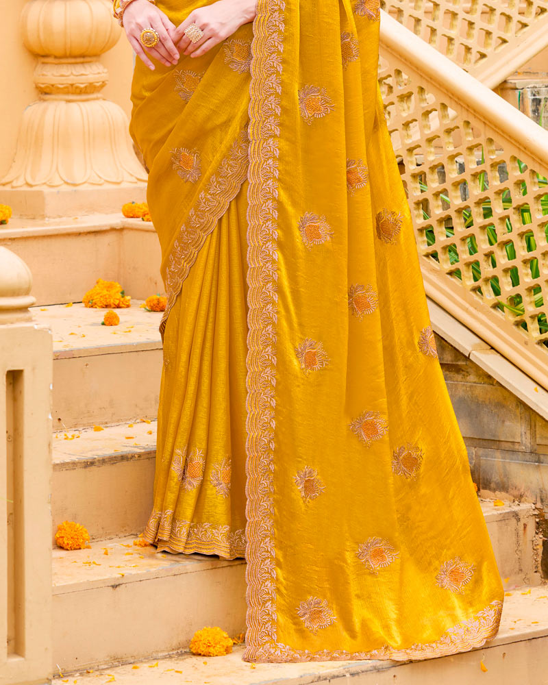 Ochre Designer Fancy Chiffon Saree With Zari Embroidery-Diamond Work And Cut Work Border