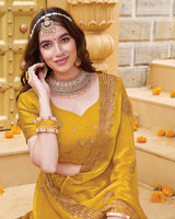 Ochre Designer Fancy Chiffon Saree With Zari Embroidery-Diamond Work And Cut Work Border