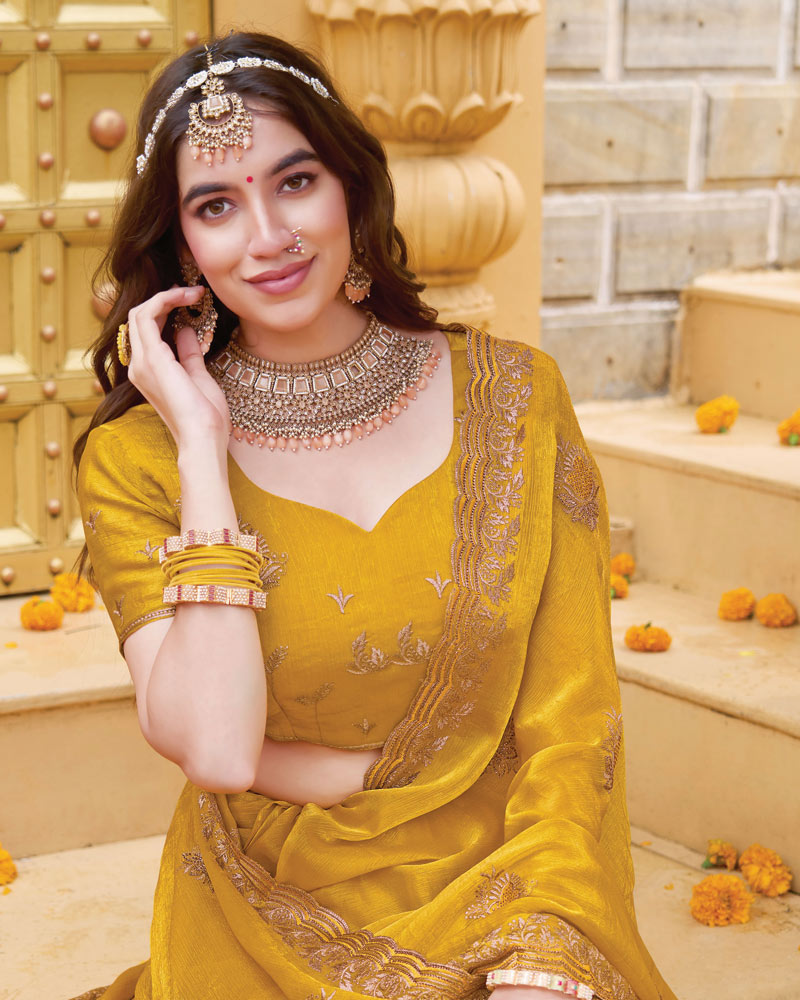 Ochre Designer Fancy Chiffon Saree With Zari Embroidery-Diamond Work And Cut Work Border