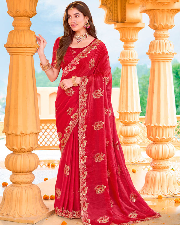 Scarlet Red Designer Fancy Chiffon Saree With Zari Embroidery-Diamond Work And Cut Work Border