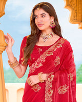 Scarlet Red Designer Fancy Chiffon Saree With Zari Embroidery-Diamond Work And Cut Work Border
