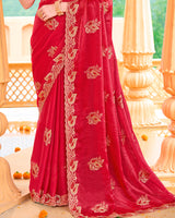 Scarlet Red Designer Fancy Chiffon Saree With Zari Embroidery-Diamond Work And Cut Work Border