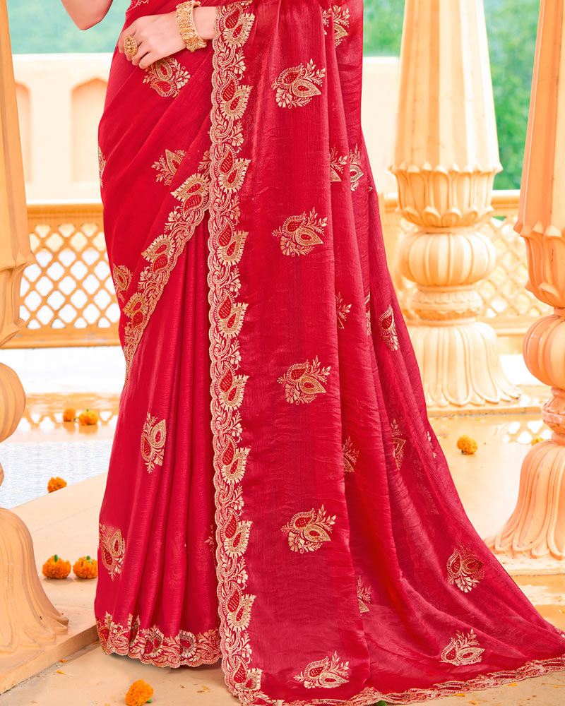 Scarlet Red Designer Fancy Chiffon Saree With Zari Embroidery-Diamond Work And Cut Work Border