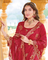 Scarlet Red Designer Fancy Chiffon Saree With Zari Embroidery-Diamond Work And Cut Work Border