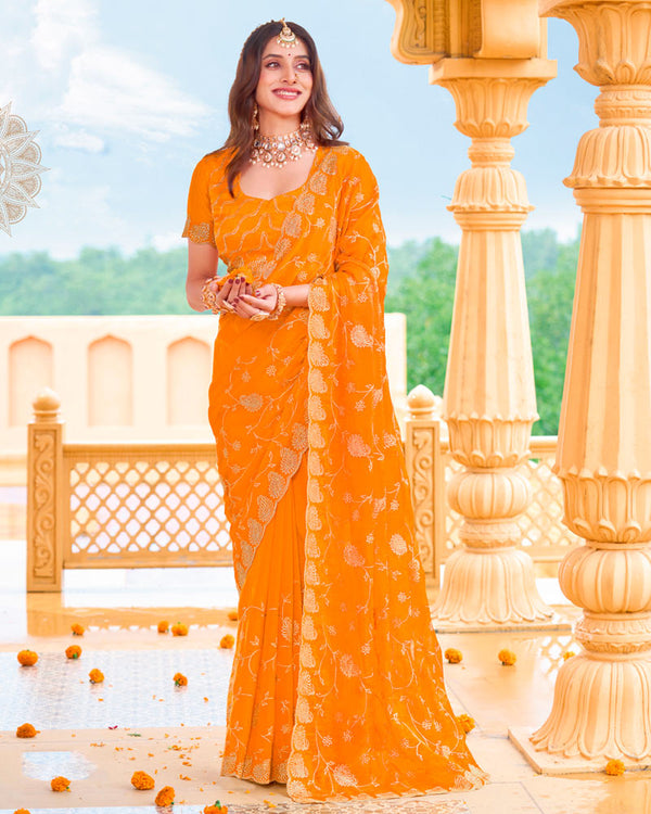 Dark Orange Designer Fancy Chiffon Saree With Zari Embroidery-Diamond Work And Cut Work Border