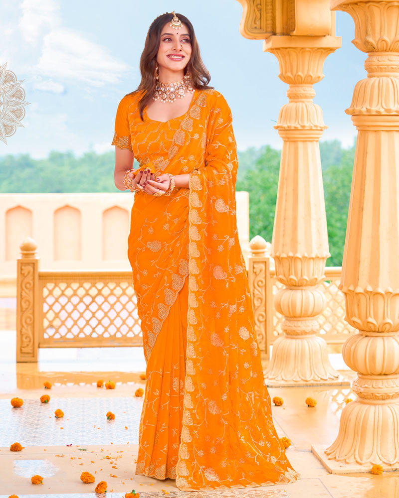 Dark Orange Designer Fancy Chiffon Saree With Zari Embroidery-Diamond Work And Cut Work Border