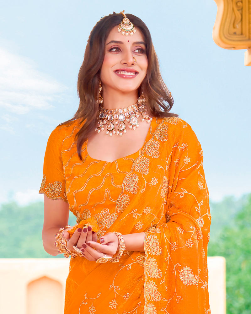 Dark Orange Designer Fancy Chiffon Saree With Zari Embroidery-Diamond Work And Cut Work Border