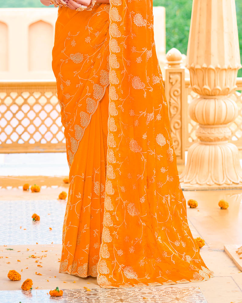 Dark Orange Designer Fancy Chiffon Saree With Zari Embroidery-Diamond Work And Cut Work Border