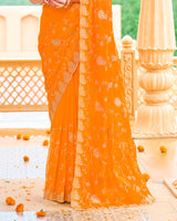 Dark Orange Designer Fancy Chiffon Saree With Zari Embroidery-Diamond Work And Cut Work Border