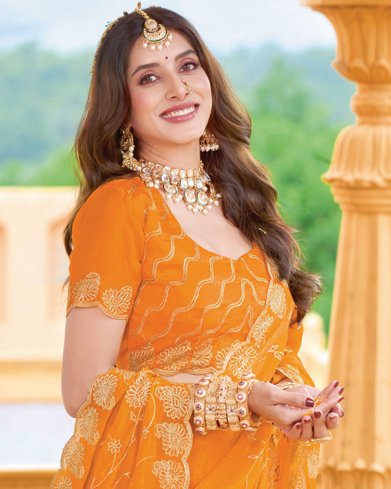 Dark Orange Designer Fancy Chiffon Saree With Zari Embroidery-Diamond Work And Cut Work Border