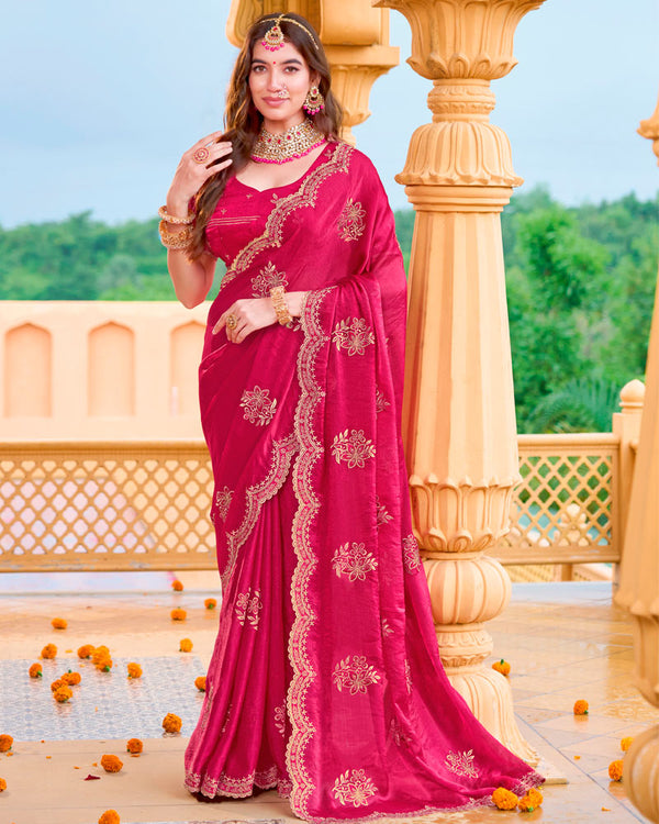 Pinkish Red Designer Fancy Chiffon Saree With Zari Embroidery-Diamond Work And Cut Work Border