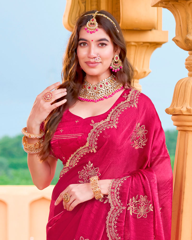 Pinkish Red Designer Fancy Chiffon Saree With Zari Embroidery-Diamond Work And Cut Work Border