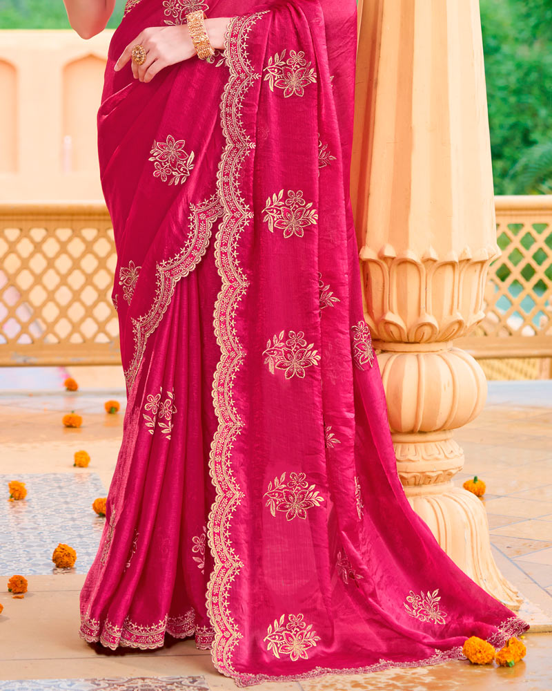 Pinkish Red Designer Fancy Chiffon Saree With Zari Embroidery-Diamond Work And Cut Work Border