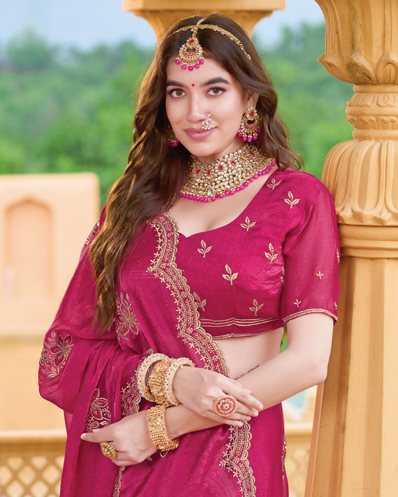 Pinkish Red Designer Fancy Chiffon Saree With Zari Embroidery-Diamond Work And Cut Work Border