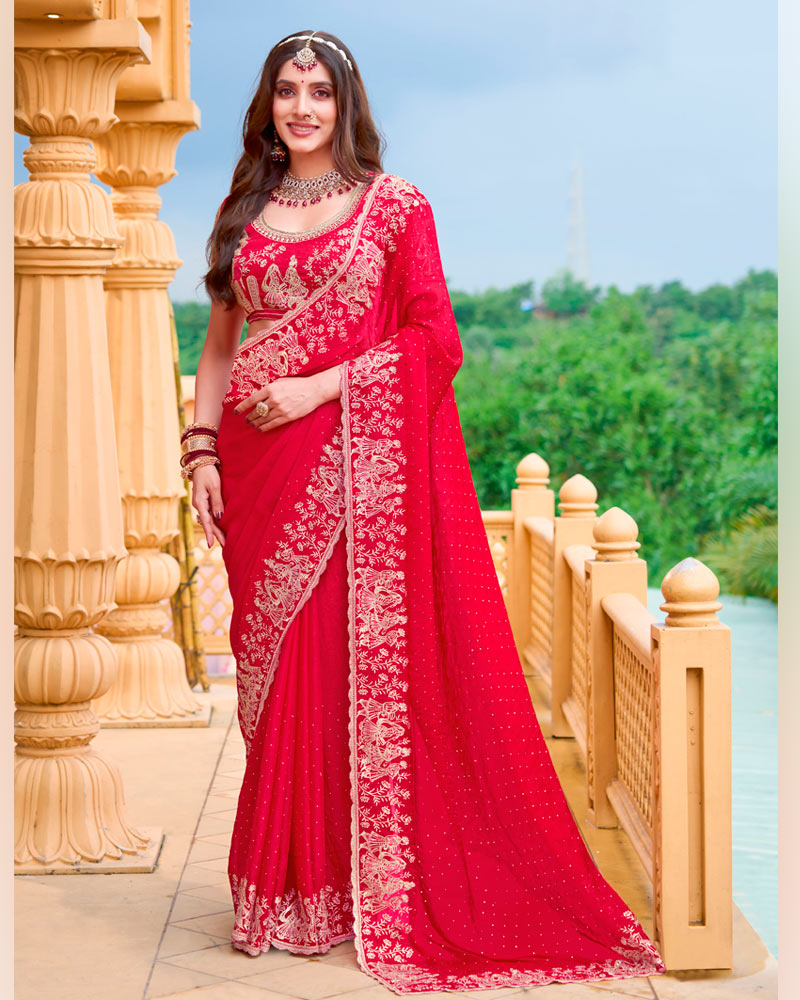 Lava Red Designer Fancy Chiffon Saree With Zari Embroidery-Diamond Work And Cut Work Border