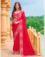 Lava Red Designer Fancy Chiffon Saree With Zari Embroidery-Diamond Work And Cut Work Border