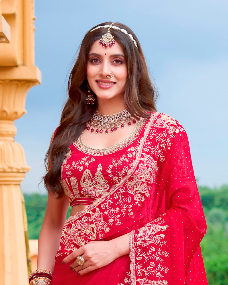 Lava Red Designer Fancy Chiffon Saree With Zari Embroidery-Diamond Work And Cut Work Border