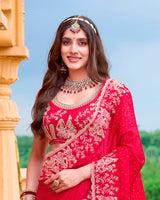 Lava Red Designer Fancy Chiffon Saree With Zari Embroidery-Diamond Work And Cut Work Border