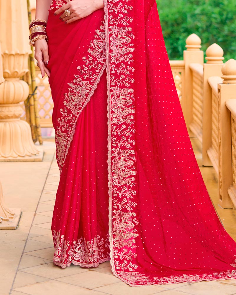 Lava Red Designer Fancy Chiffon Saree With Zari Embroidery-Diamond Work And Cut Work Border