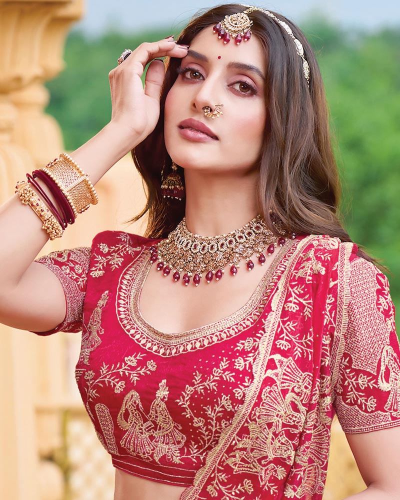 Lava Red Designer Fancy Chiffon Saree With Zari Embroidery-Diamond Work And Cut Work Border
