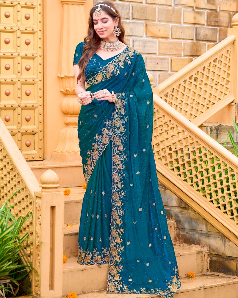 Peacock Blue Designer Fancy Chiffon Saree With Zari Embroidery-Diamond Work And Cut Work Border
