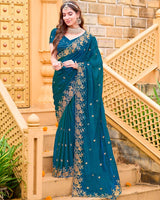 Peacock Blue Designer Fancy Chiffon Saree With Zari Embroidery-Diamond Work And Cut Work Border