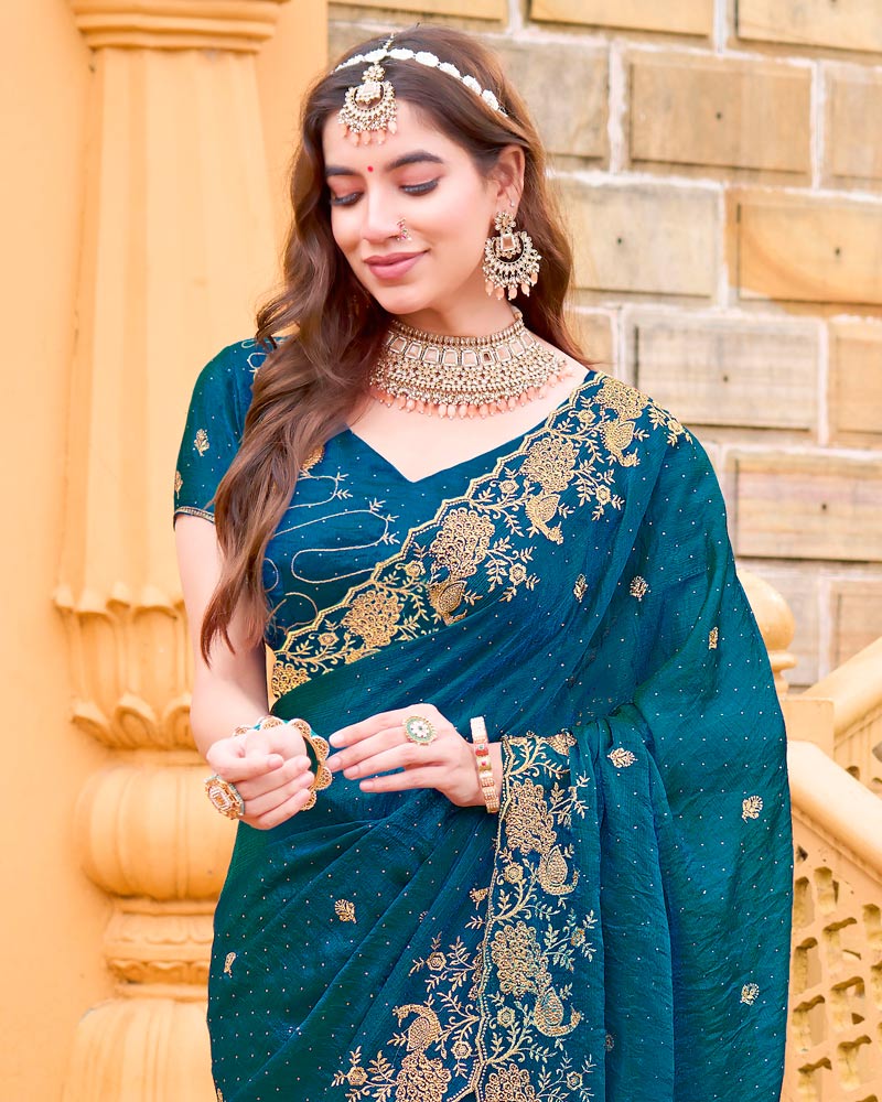 Peacock Blue Designer Fancy Chiffon Saree With Zari Embroidery-Diamond Work And Cut Work Border