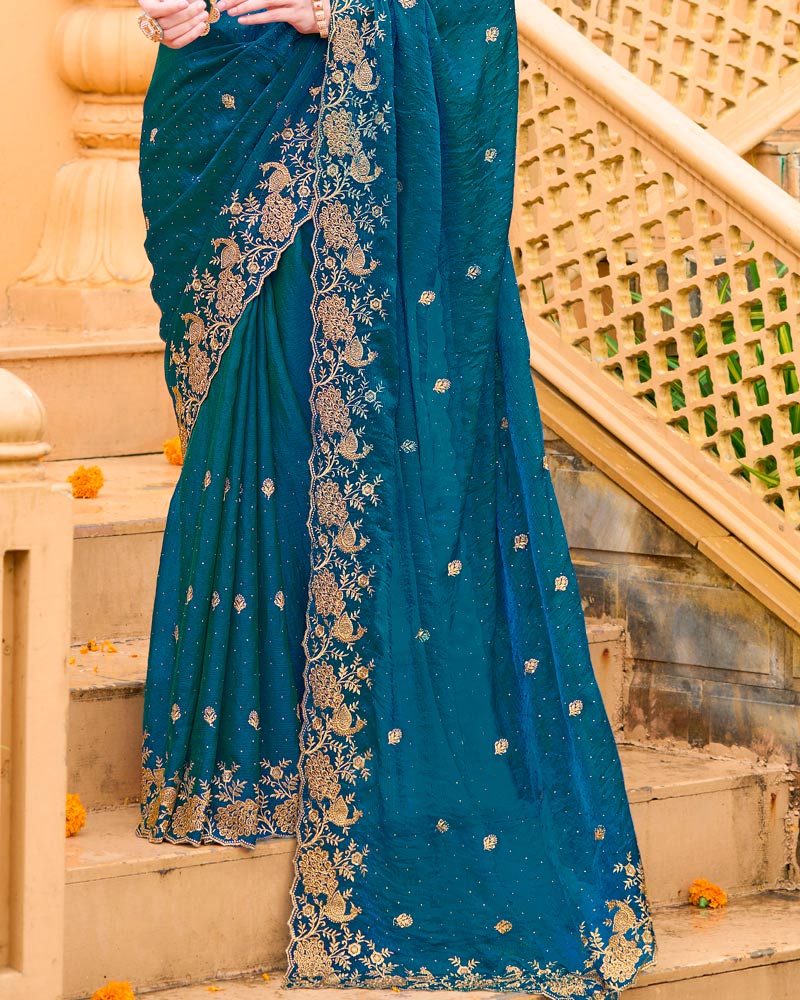 Peacock Blue Designer Fancy Chiffon Saree With Zari Embroidery-Diamond Work And Cut Work Border