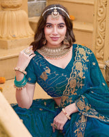 Peacock Blue Designer Fancy Chiffon Saree With Zari Embroidery-Diamond Work And Cut Work Border