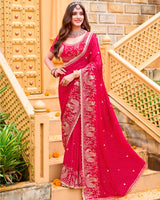 Ribbon Red Designer Fancy Chiffon Saree With Zari Embroidery-Diamond Work And Cut Work Border