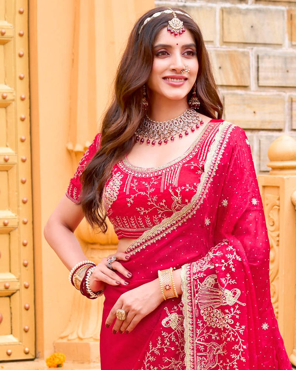 Ribbon Red Designer Fancy Chiffon Saree With Zari Embroidery-Diamond Work And Cut Work Border