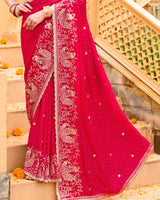 Ribbon Red Designer Fancy Chiffon Saree With Zari Embroidery-Diamond Work And Cut Work Border