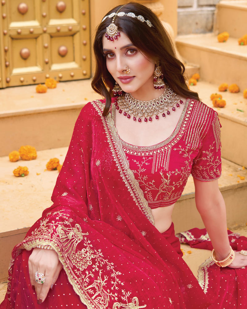 Ribbon Red Designer Fancy Chiffon Saree With Zari Embroidery-Diamond Work And Cut Work Border
