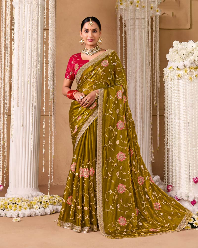 Olive Green Designer Chiffon Saree With Embroidery-Diamond Work And Cut Work Fancy Border