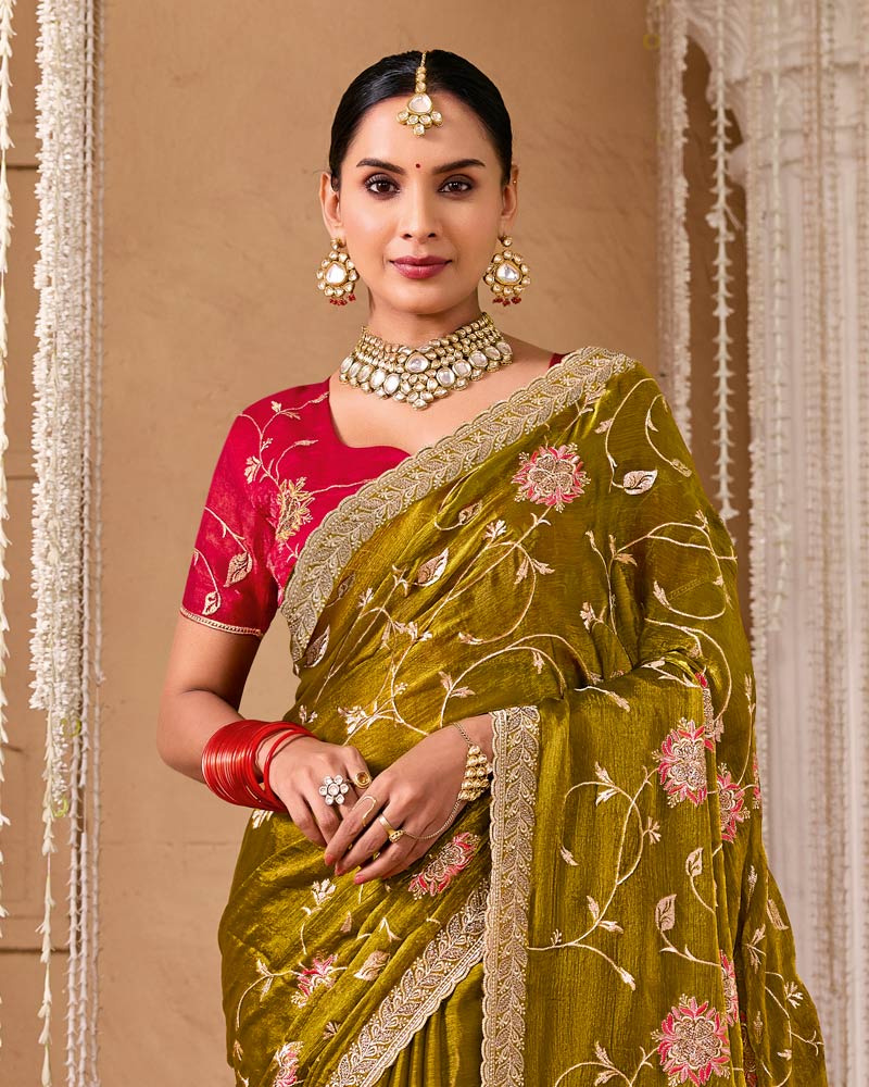 Olive Green Designer Chiffon Saree With Embroidery-Diamond Work And Cut Work Fancy Border