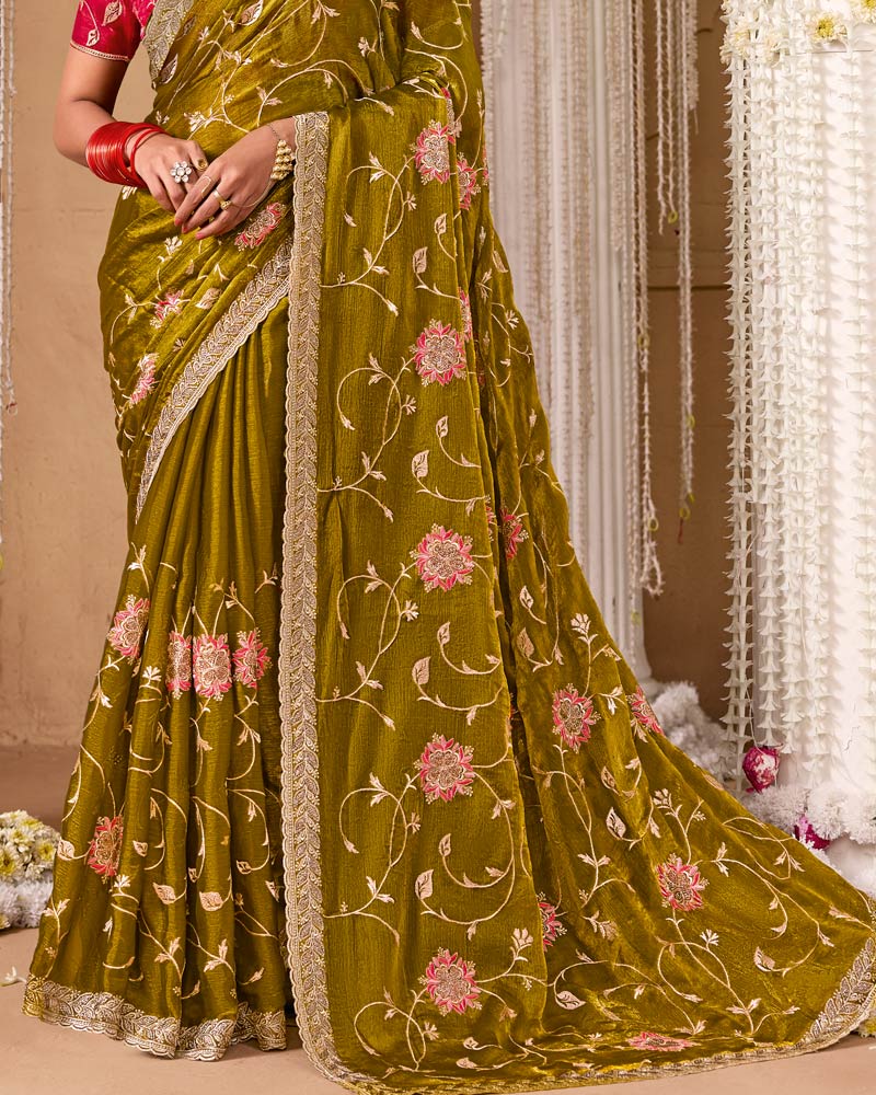 Olive Green Designer Chiffon Saree With Embroidery-Diamond Work And Cut Work Fancy Border