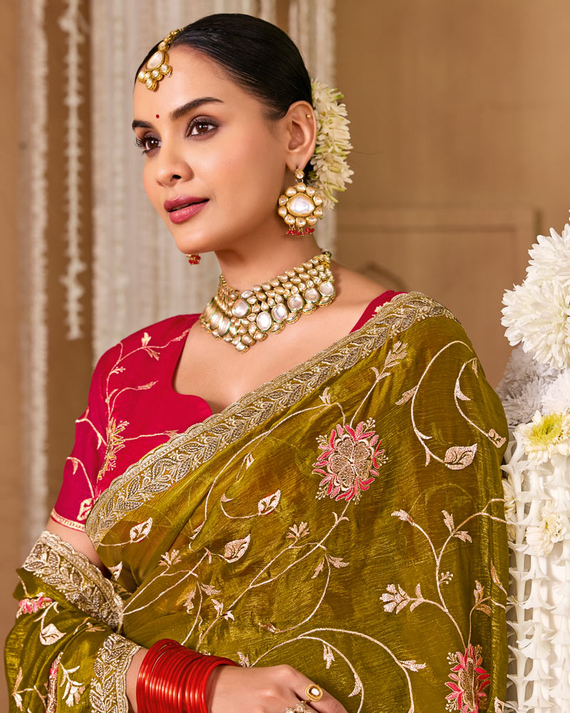 Olive Green Designer Chiffon Saree With Embroidery-Diamond Work And Cut Work Fancy Border