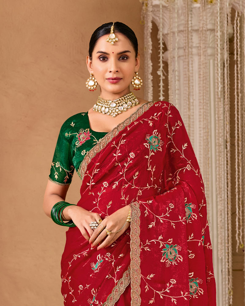 Sindoori Red Designer Chiffon Saree With Embroidery-Diamond Work And Cut Work Fancy Border