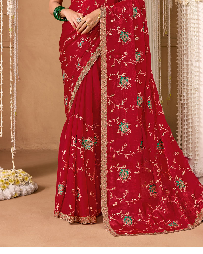 Sindoori Red Designer Chiffon Saree With Embroidery-Diamond Work And Cut Work Fancy Border