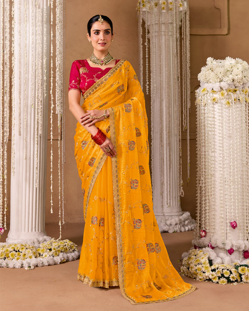 Deep Yellow Designer Chiffon Saree With Embroidery-Diamond Work And Cut Work Fancy Border
