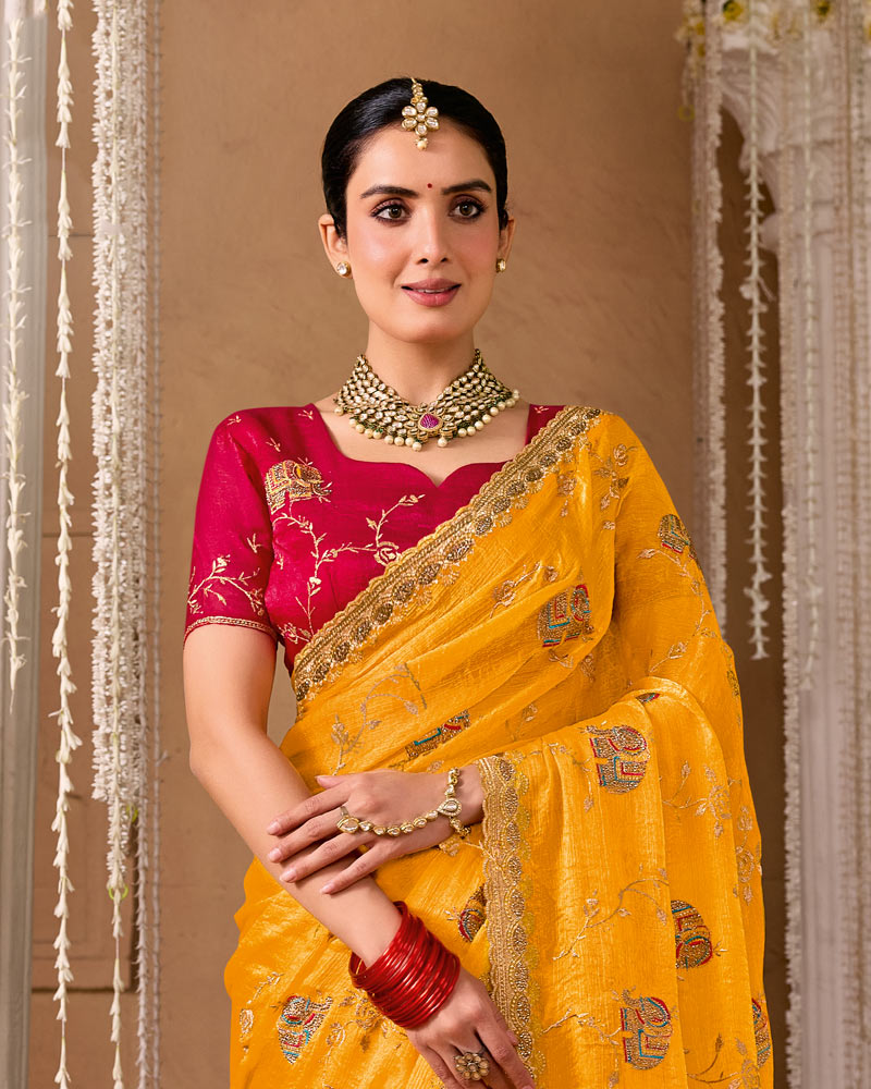 Deep Yellow Designer Chiffon Saree With Embroidery-Diamond Work And Cut Work Fancy Border
