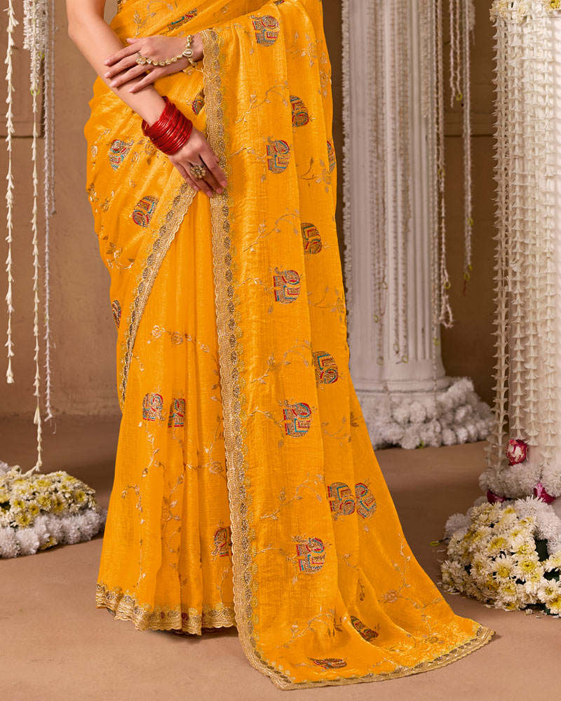 Deep Yellow Designer Chiffon Saree With Embroidery-Diamond Work And Cut Work Fancy Border