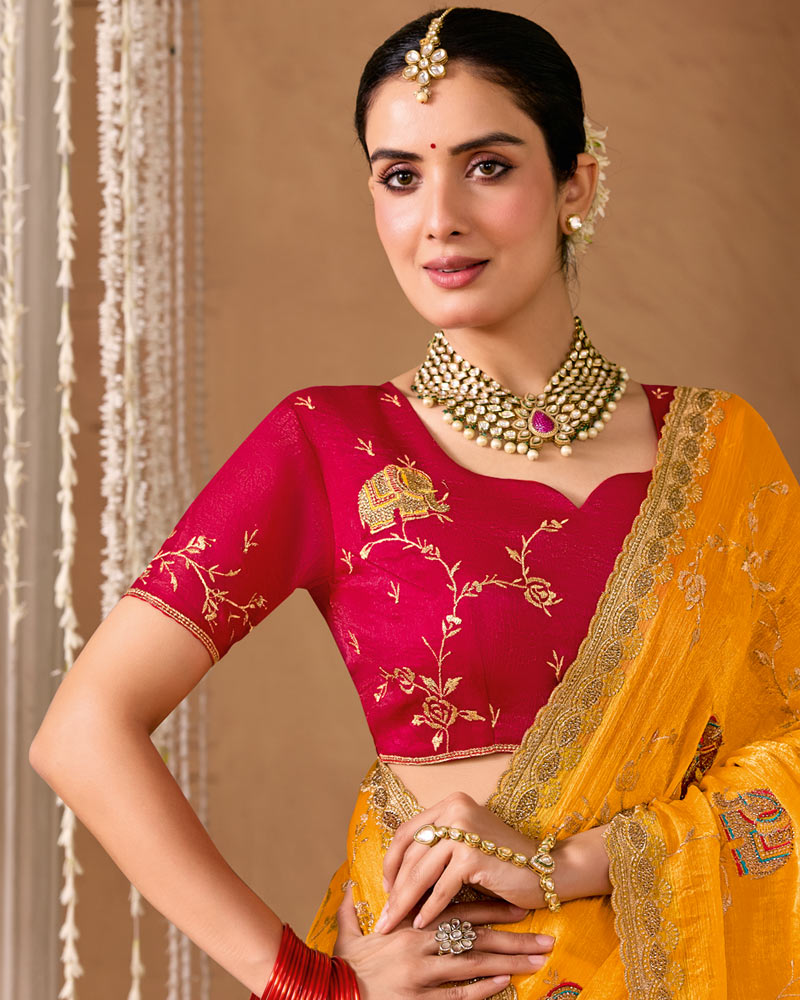 Deep Yellow Designer Chiffon Saree With Embroidery-Diamond Work And Cut Work Fancy Border